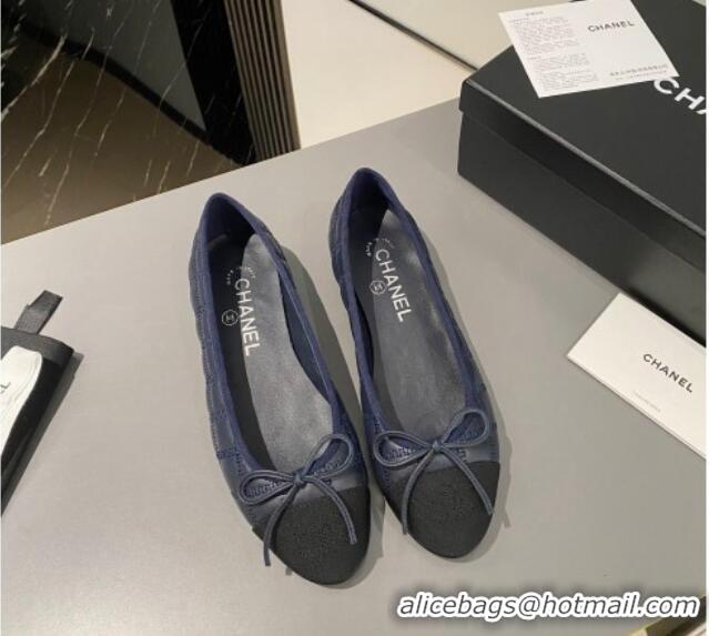 Top Quality Chanel Quilted Lambskin & Grosgrain Ballet Flat with Bow G45591 Dark Blue 423138