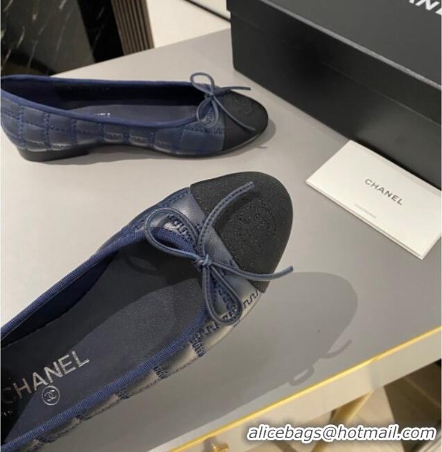 Top Quality Chanel Quilted Lambskin & Grosgrain Ballet Flat with Bow G45591 Dark Blue 423138