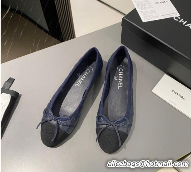 Top Quality Chanel Quilted Lambskin & Grosgrain Ballet Flat with Bow G45591 Dark Blue 423138