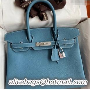 Super Quality Hermes Birkin 30cm Bag in Original Togo Leather H30 Denim Blue/Silver 2024 (Full Handmade)