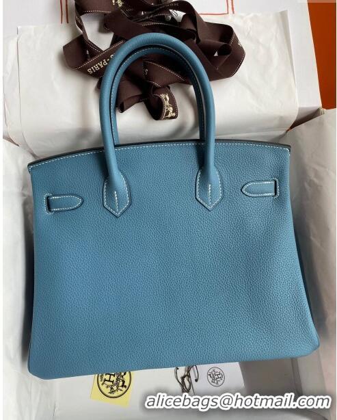 Super Quality Hermes Birkin 30cm Bag in Original Togo Leather H30 Denim Blue/Silver 2024 (Full Handmade)