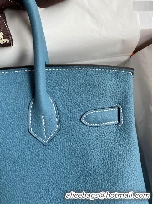 Super Quality Hermes Birkin 30cm Bag in Original Togo Leather H30 Denim Blue/Silver 2024 (Full Handmade)