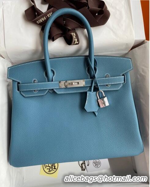 Super Quality Hermes Birkin 30cm Bag in Original Togo Leather H30 Denim Blue/Silver 2024 (Full Handmade)