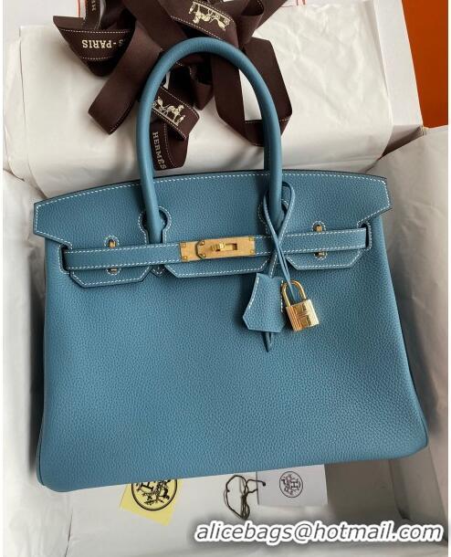 Well Crafted Hermes Birkin 30cm Bag in Original Togo Leather H30 Denim Blue/Gold 2024 (Full Handmade)