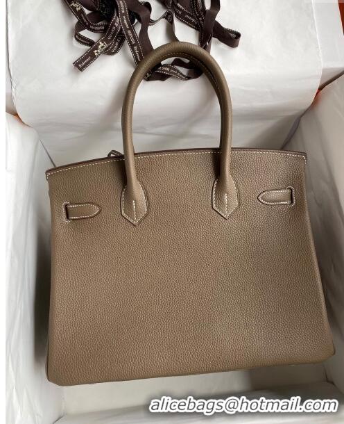 Good Taste Hermes Birkin 30cm Bag in Original Togo Leather H30 Etoupe/Silver 2024 (Full Handmade)