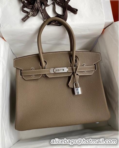 Good Taste Hermes Birkin 30cm Bag in Original Togo Leather H30 Etoupe/Silver 2024 (Full Handmade)