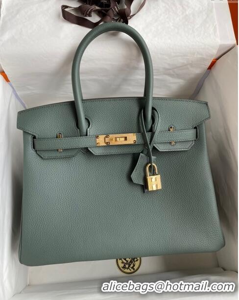 Top Design Hermes Birkin 30cm Bag in Original Togo Leather H30 Almond Green/Gold 2024 (Full Handmade)