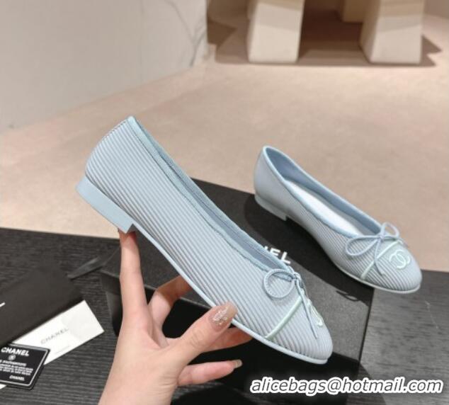 Low Cost Chanel Striped Fabric Ballet Flat with Bow G45512 Light Blue 423142