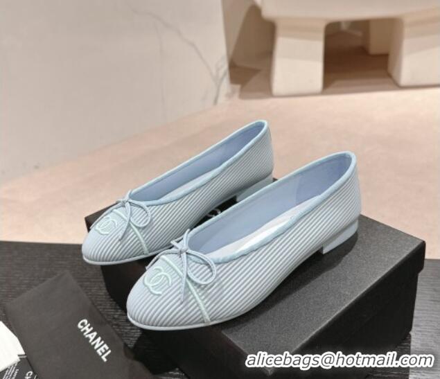 Low Cost Chanel Striped Fabric Ballet Flat with Bow G45512 Light Blue 423142