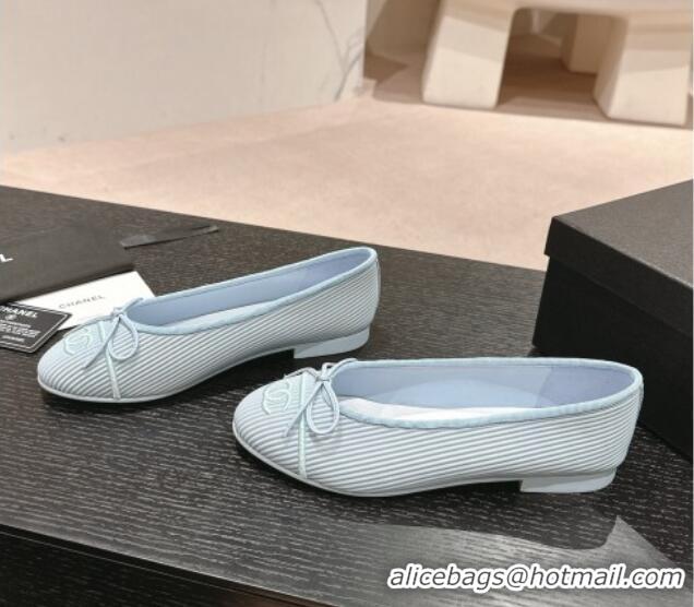 Low Cost Chanel Striped Fabric Ballet Flat with Bow G45512 Light Blue 423142