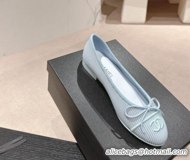 Low Cost Chanel Striped Fabric Ballet Flat with Bow G45512 Light Blue 423142