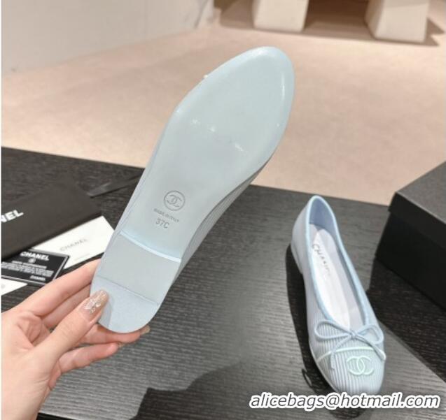 Low Cost Chanel Striped Fabric Ballet Flat with Bow G45512 Light Blue 423142