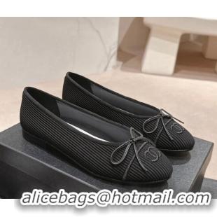 Best Price Chanel Striped Fabric Ballet Flat with Bow G45512 Black 423143