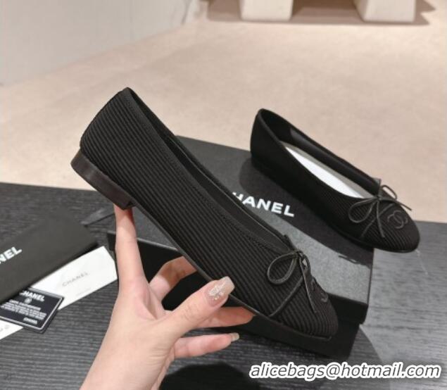 Best Price Chanel Striped Fabric Ballet Flat with Bow G45512 Black 423143