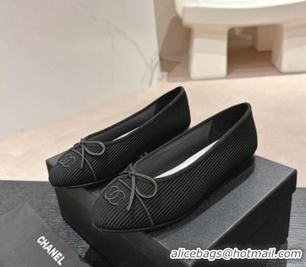 Best Price Chanel Striped Fabric Ballet Flat with Bow G45512 Black 423143