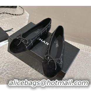 Duplicate Chanel Tweed & Fabric Ballet Flat with Bow G02819 Black 423144