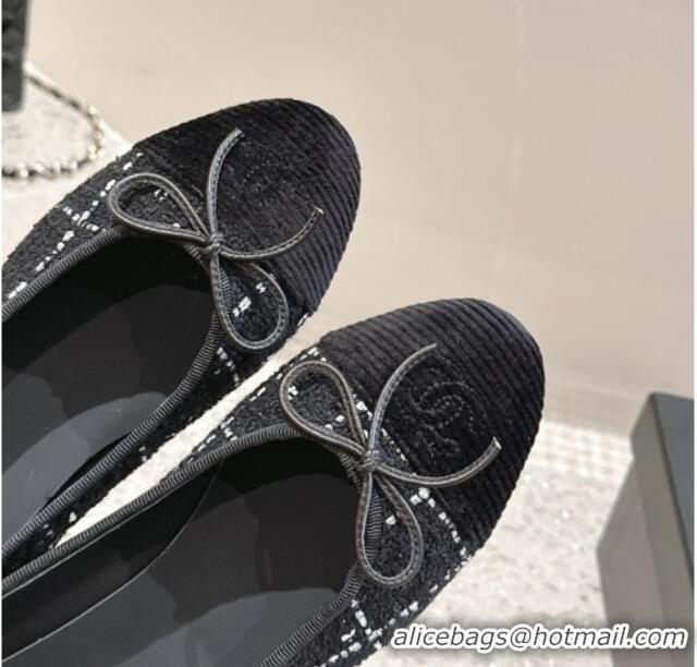 Duplicate Chanel Tweed & Fabric Ballet Flat with Bow G02819 Black 423144