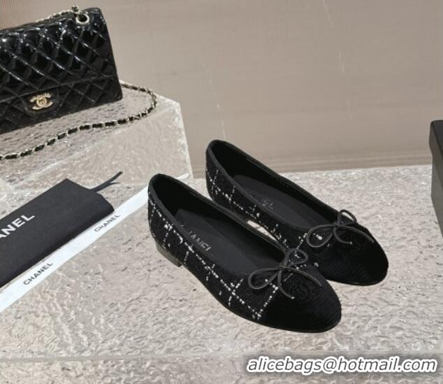 Duplicate Chanel Tweed & Fabric Ballet Flat with Bow G02819 Black 423144