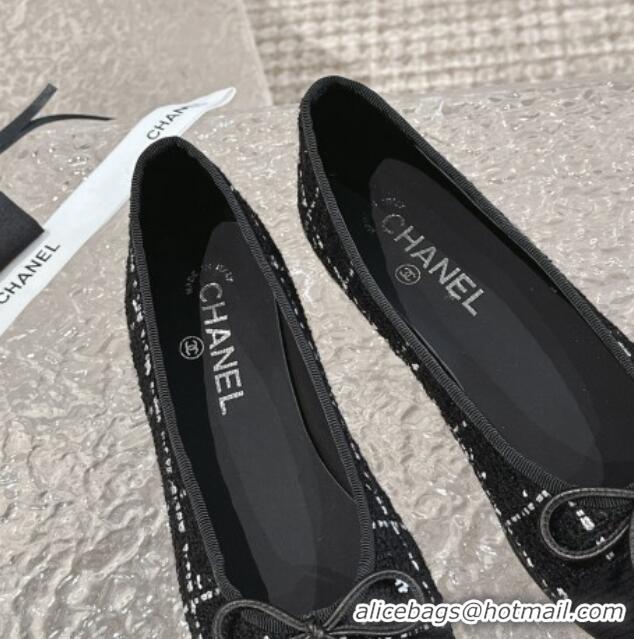 Duplicate Chanel Tweed & Fabric Ballet Flat with Bow G02819 Black 423144