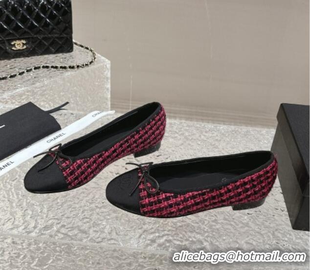 Top Quality Chanel Tweed & Grosgrain Ballet Flat with Bow G02819 Dark Pink 423145