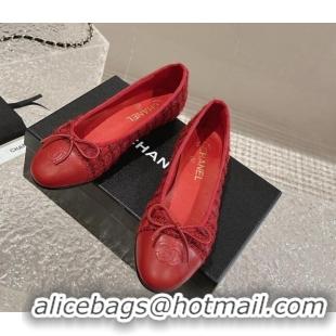 Design Cheap Chanel Tweed & Calfskin Ballet Flat with Bow G02819 Red 423146