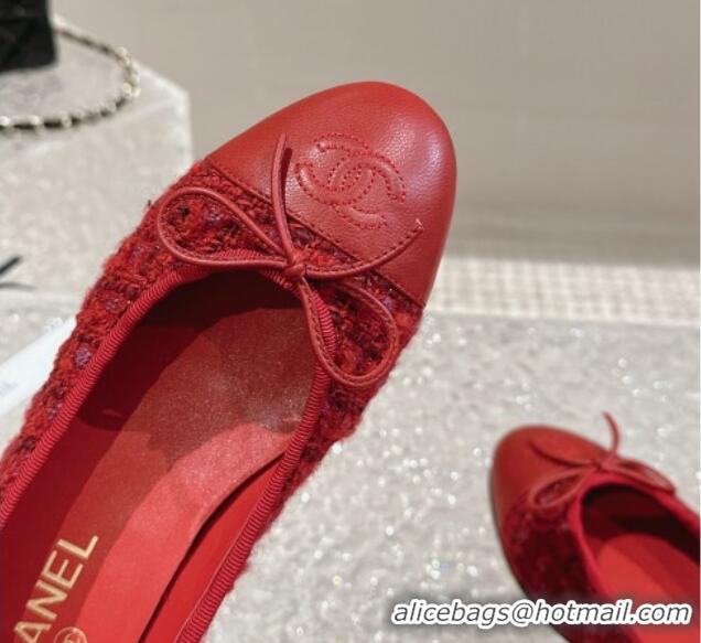 Design Cheap Chanel Tweed & Calfskin Ballet Flat with Bow G02819 Red 423146