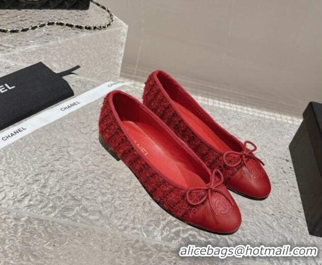 Design Cheap Chanel Tweed & Calfskin Ballet Flat with Bow G02819 Red 423146