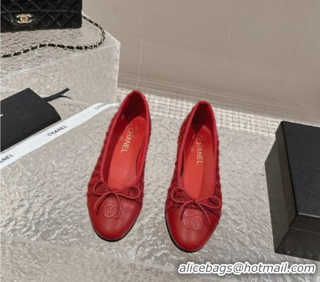 Design Cheap Chanel Tweed & Calfskin Ballet Flat with Bow G02819 Red 423146