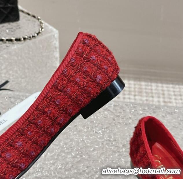 Design Cheap Chanel Tweed & Calfskin Ballet Flat with Bow G02819 Red 423146