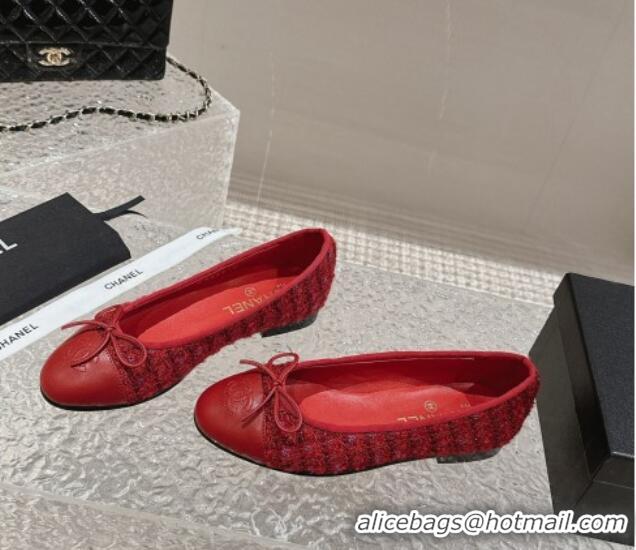 Design Cheap Chanel Tweed & Calfskin Ballet Flat with Bow G02819 Red 423146