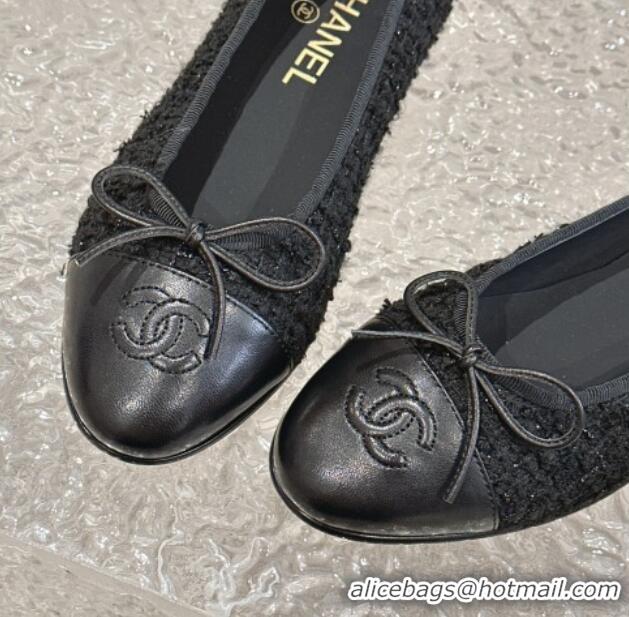 Design Cheap Chanel Tweed & Calfskin Ballet Flat with Bow G02819 Black 423147