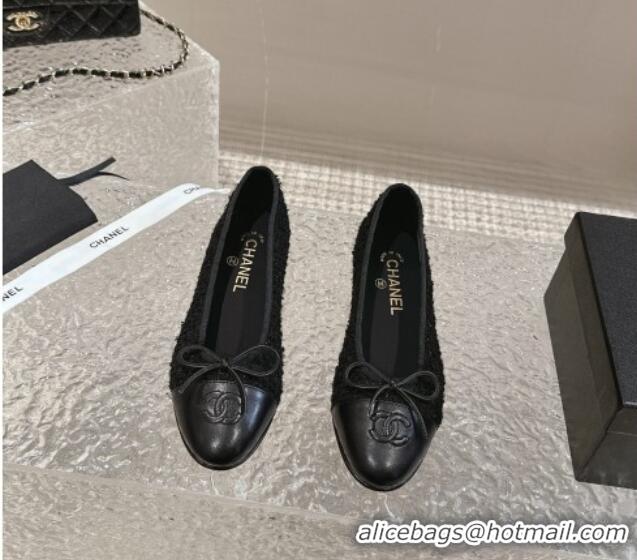 Design Cheap Chanel Tweed & Calfskin Ballet Flat with Bow G02819 Black 423147