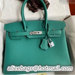 Luxury Cheap Hermes Birkin 30cm Bag in Original Togo Leather H30 Peacock Green/Silver 2024 (Full Handmade)