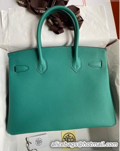 Luxury Cheap Hermes Birkin 30cm Bag in Original Togo Leather H30 Peacock Green/Silver 2024 (Full Handmade)