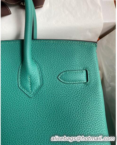 Luxury Cheap Hermes Birkin 30cm Bag in Original Togo Leather H30 Peacock Green/Silver 2024 (Full Handmade)