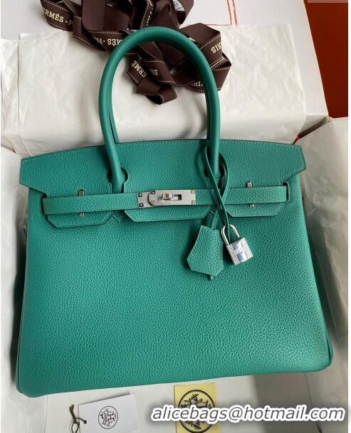 Luxury Cheap Hermes Birkin 30cm Bag in Original Togo Leather H30 Peacock Green/Silver 2024 (Full Handmade)