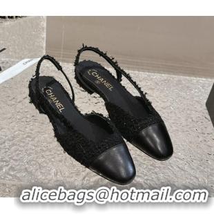 Buy Duplicate Chanel Tweed & Calfskin Slingbacks Flat Black 423148