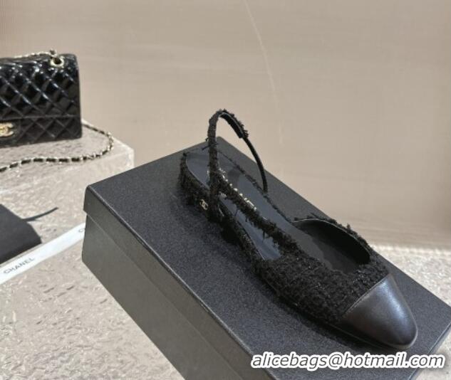 Buy Duplicate Chanel Tweed & Calfskin Slingbacks Flat Black 423148