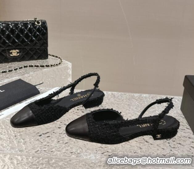 Buy Duplicate Chanel Tweed & Calfskin Slingbacks Flat Black 423148