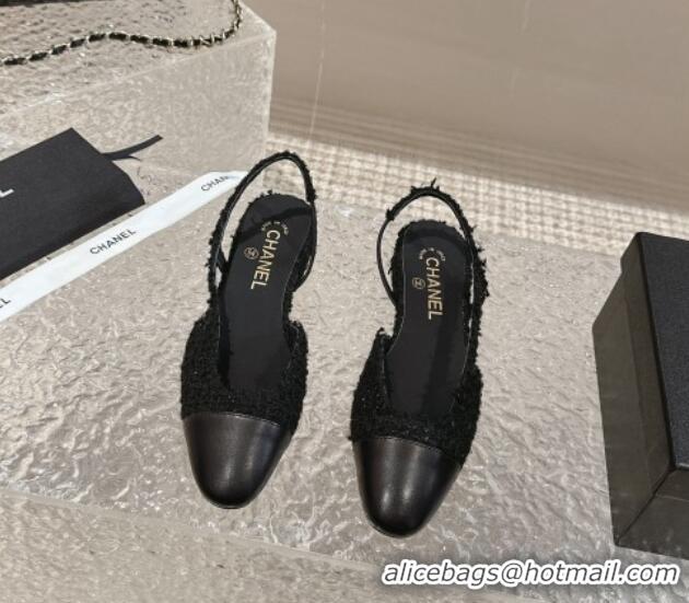 Buy Duplicate Chanel Tweed & Calfskin Slingbacks Flat Black 423148