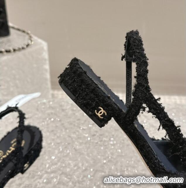 Buy Duplicate Chanel Tweed & Calfskin Slingbacks Flat Black 423148