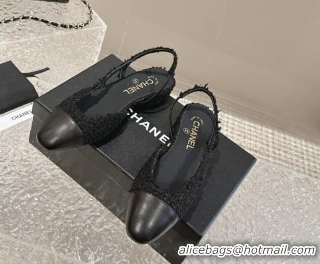 Buy Duplicate Chanel Tweed & Calfskin Slingbacks Flat Black 423148