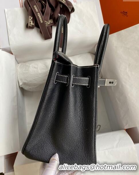 Sophisticated Hermes Birkin 30cm Bag in Original Chevre Leather H30 Black/Silver 2024 (Full Handmade)