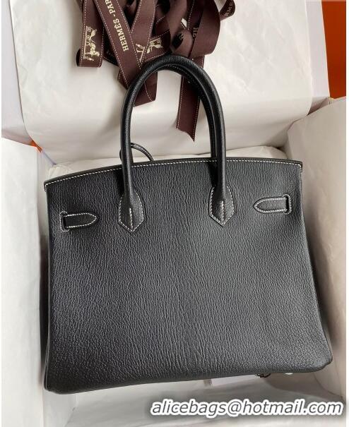 Sophisticated Hermes Birkin 30cm Bag in Original Chevre Leather H30 Black/Silver 2024 (Full Handmade)