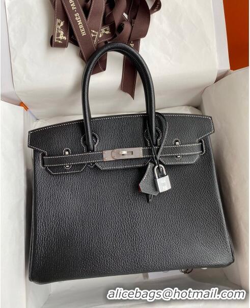 Sophisticated Hermes Birkin 30cm Bag in Original Chevre Leather H30 Black/Silver 2024 (Full Handmade)