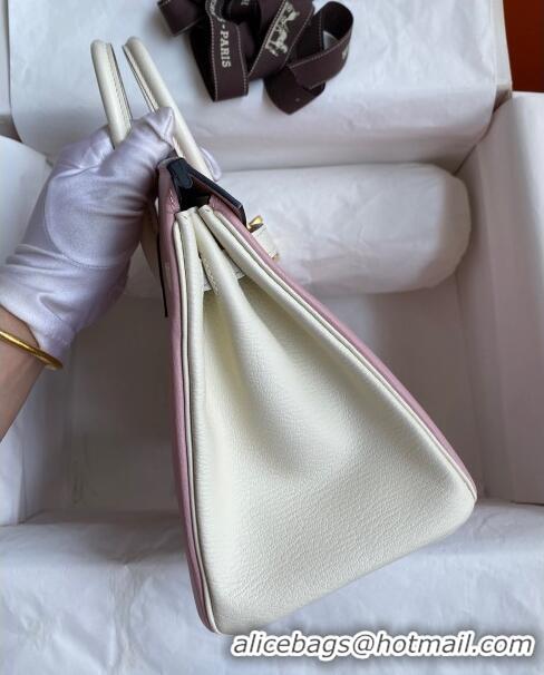 Super Quality Hermes Birkin 30cm Bag in Original Chèvre Leather H30 3Q Pink/Cream White/Gold 2024 (Full Handmade)