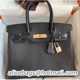 Refined Hermes Birkin 30cm Bag in Original Chevre Leather H30 Black/Orange/Pink Gold 2024 (Full Handmade)