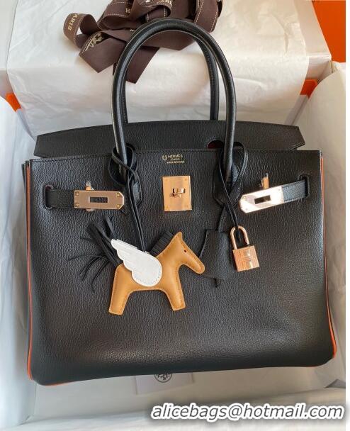 Refined Hermes Birkin 30cm Bag in Original Chevre Leather H30 Black/Orange/Pink Gold 2024 (Full Handmade)