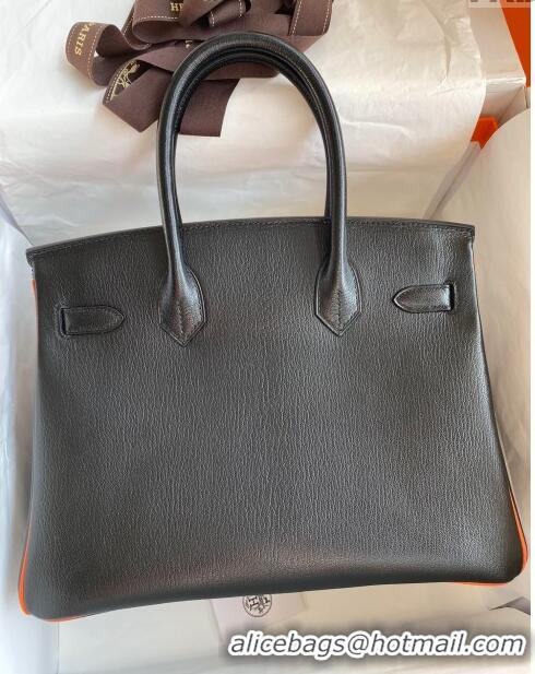 Refined Hermes Birkin 30cm Bag in Original Chevre Leather H30 Black/Orange/Pink Gold 2024 (Full Handmade)