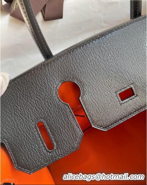 Refined Hermes Birkin 30cm Bag in Original Chevre Leather H30 Black/Orange/Pink Gold 2024 (Full Handmade)